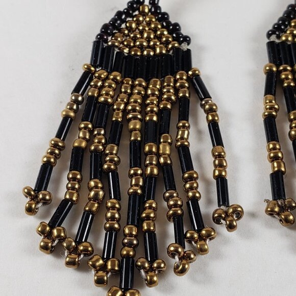Women's Old Gold tone and Black Beaded Fringed Fishhook Teardrop Earrings - Picture 2 of 3